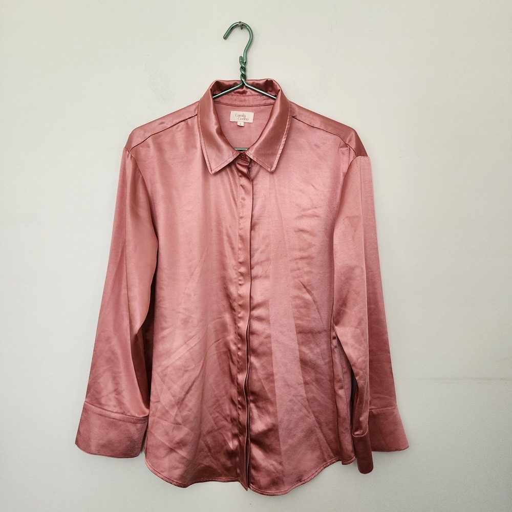 Camila Coelho Rose Pink Satin Button Down Blouse Dress Long Sleeve Small Luxury
